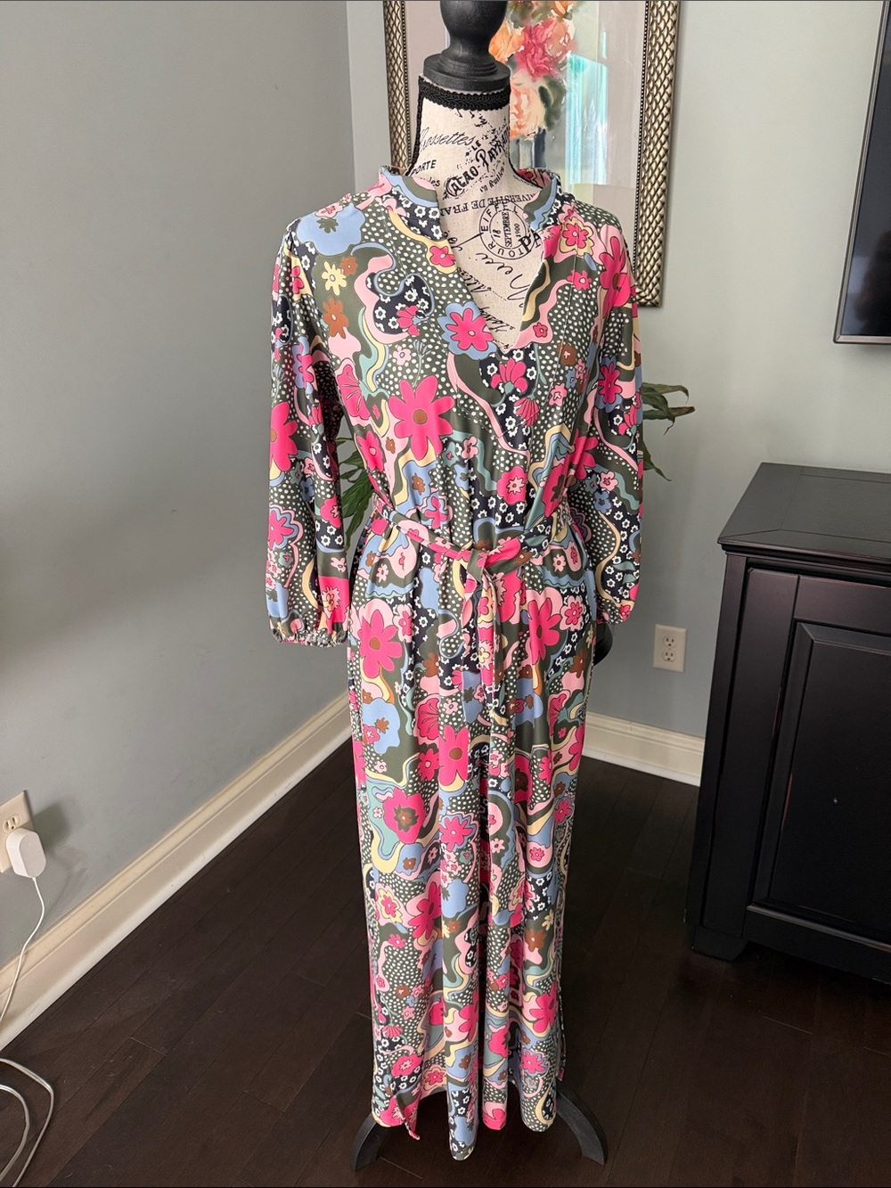 Floral Pink & Gray Maxi Dress with Waist Tie